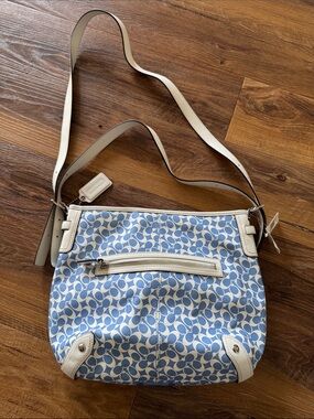 Coach Light Blue Signature Canvas Shoulder Bag with White Trim